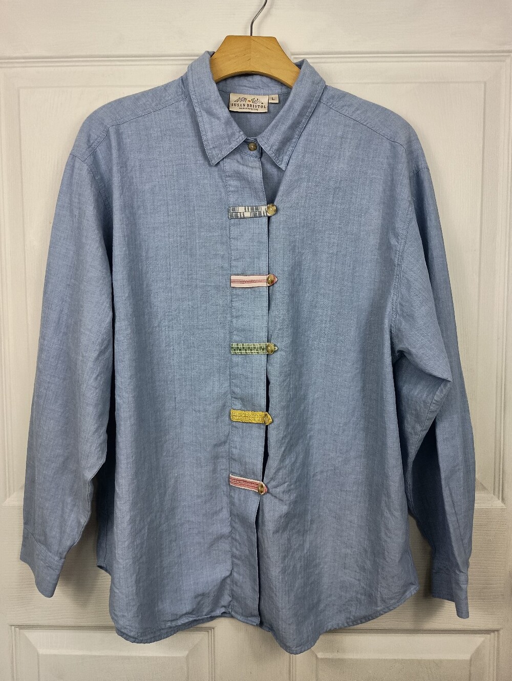 Susan Bristol Chambray Shirt Large Blue Cotton Button Up Cottagecore Y2K Vintage